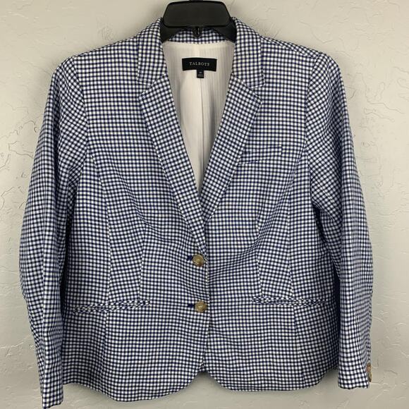 Talbots Blazer Womens 14 Blue White Gingham Check Linen Cotton Two Button Lined - Picture 1 of 8
